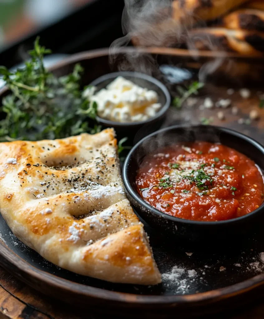 baked calzone with dipping sauce	